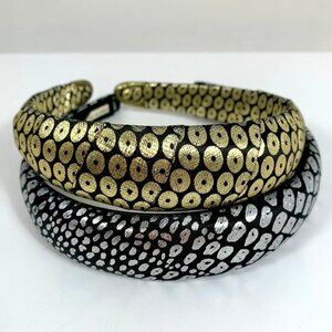 TWO Abstract Patterned Puffy Headband Metallic Gold/Black & Silver/Black